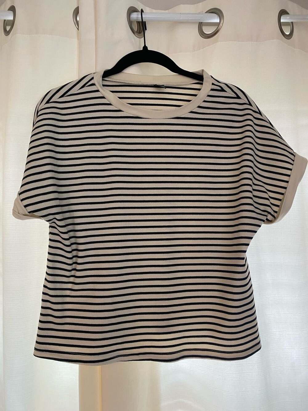 SHEIN Striped Drop Shoulder Cuffed Sleeve Rib-Knit Boxy Tee